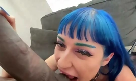 Wild blue-haired bitch takes care of giant black schlong