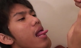Cocksucking Asian twinks have a go bareback twosome before pissing
