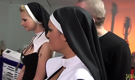 Two naughty nuns get surprised with broad in the beam fixed cocks