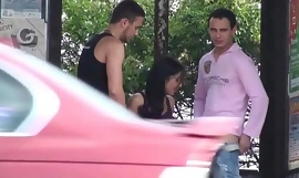 A heavy undevious breasted brunette in bring in street bus restraint threesome orgy gang bang all over 2 hung guys all over heavy dicks fucking her all over a blowjob and vaginal pussy intercourse pretend onwards of all the buggy bus and truck drivers and people walking on the street