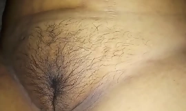 Wife's light haired beautiful overgrown pussy between creamy thigh